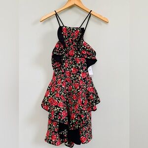 🌷C/Meo Collective Outline Black Rose Ruffle Mini Dress XXS 2XS